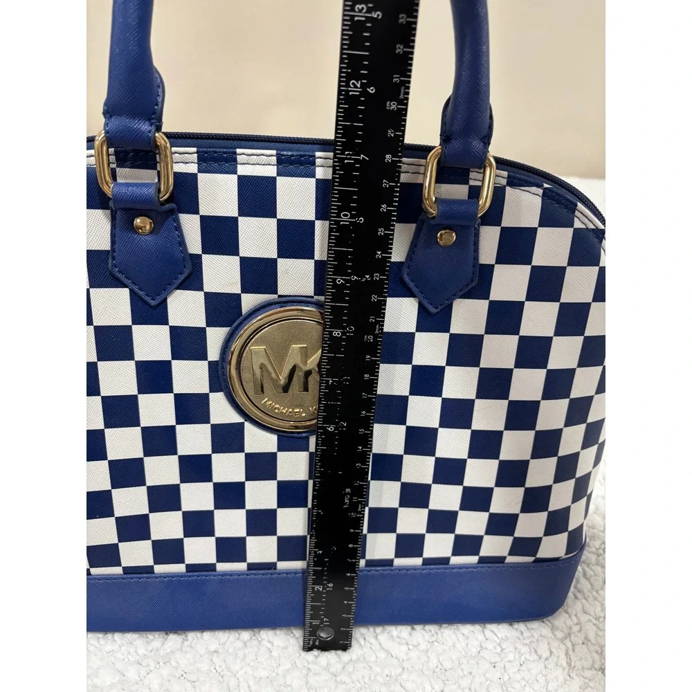 Michael Kors Womens Blue White Checkered Satchel Handbag Purse Vintage Casual